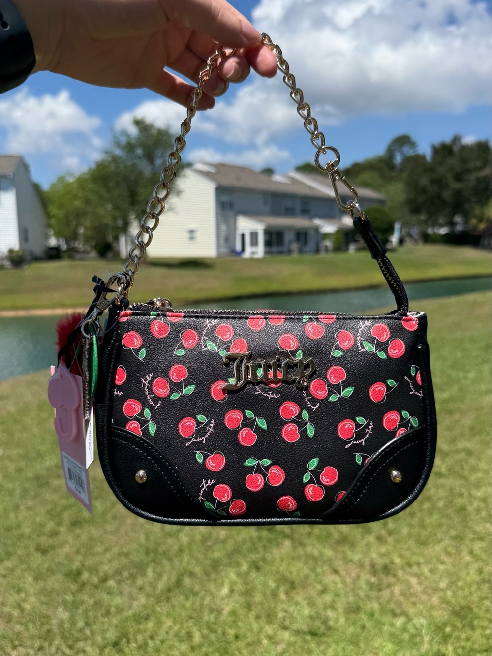 Juicy Couture Cherry Print Mini Shoulder Bag Y2K Baguette Purse Black red nwt